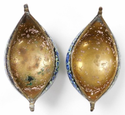 A pair of Kashkul painted lacquer and brass beggar's bowls, of boat shaped form, painted with flowers, 16cm wide. - 3