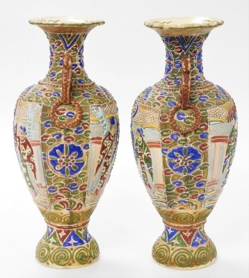 A pair of Meiji period Japanese Satsuma moriage vases, of twin handled baluster form, decorated with panels of priests, on a ground of flowers and scrolls, 39cm high. - 4