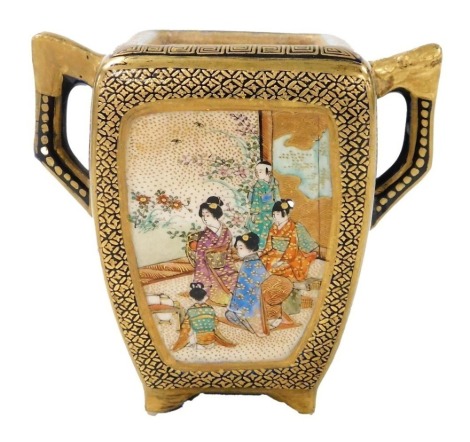 A Meiji period Japanese Meiji Satsuma pottery koro, cover lacking, of twin handled square tapering form, decorated with a reserve of ladies in a garden, verso flowers and bamboo, within a blue and gilt floral ground, three character mark, 8cm high.