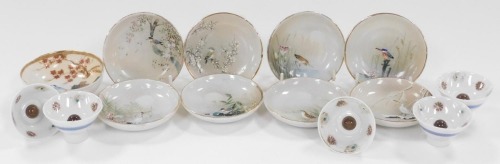 An early 20thC group of Japanese porcelain, including eight dishes painted with birds, and a bowl painted with a mountain landscape. (a quantity)