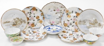 A group of Chinese and Japanese porcelain, including Japanese plates painted with birds and flowers, tea bowls, and a Chia Ching blue and white saucer. (a quantity)