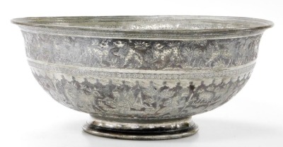 A late 19thC Indo Persian white metal bowl, embossed with figures, tents and animals, beneath a border of exotic birds, 32.5cm wide. - 2