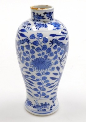 A late 19thC Chinese blue and white baluster vase, of baluster form, decorated with dragons and flowering shrubs, underglaze blue four character Kangxi mark to base, 19cm high, a Chinese export blue and white tea bowl, decorated with lake and landscape de - 6