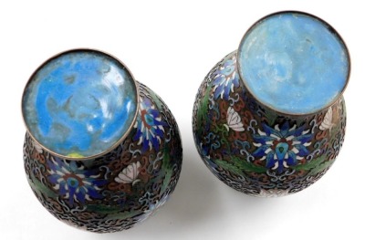 A pair of Chinese cloisonne baluster vases, enamelled on copper with a scrolling peony design and foliage, in polychrome enamels, 26cm high. - 4