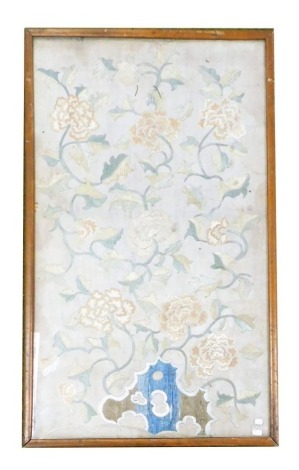 A Chinese silk embroidery, decorated with flowers and leaves, 68cm x 40cm, framed.