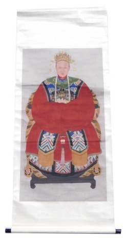 A Chinese ceremonial ancestor portrait scroll, depicting a Chinese Empress, watercolour on silk, 191cm x 80cm.