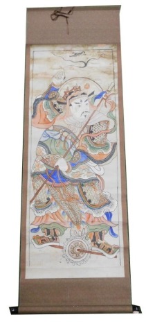 A Chinese painting of a warrior god Erlang Sheng, holding a spear and pointing to the sky, balancing on a fiery wheel, ink on paper, 190cm x 62mcm.