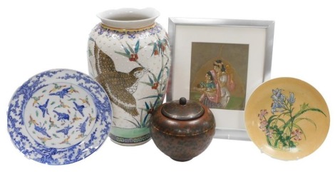 A group of Oriental ceramics, to include vase of cylindrical tapering form, decorated with birds and flowers, on raised dot decoration, 32cm high (AF), blue and white transfer printed plate, a study depicting mother, father, and child, painted onto a leaf