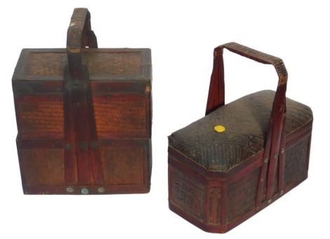 A Chinese red lacquer cane and tiffin box, of rectangular section, 33cm wide, and a cane work box and cover of canted rectangular form, 40cm wide. (2)