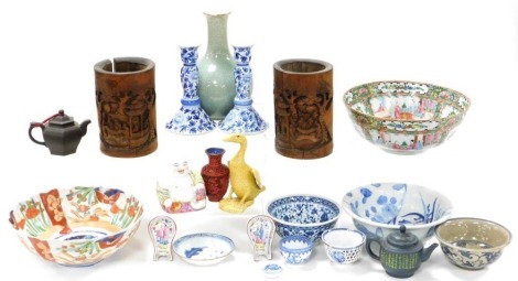 A group of Chinese pottery and porcelain, including a Cantonese famille rose bowl, two bamboo brush pots, tea bowls, redware teapot, etc. (1 box)