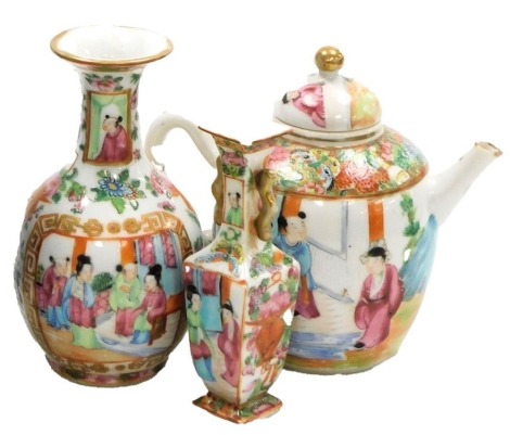 A group of late 19thC Qing dynasty Canton porcelain, comprising a teapot decorated with figures in an interior within a ground of butterflies and flower, 15cm wide, a shouldered vase, decorated with reserves of figures, within a ground of flowers and butt