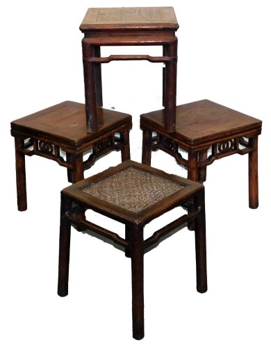 Four Chinese Provincial stools, with turned legs, 45cm square.