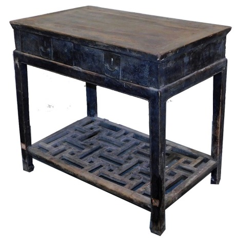 A Chinese Provincial side table, with drawers above pierced tier to base, 84cm high, 95cm wide, 58cm deep.