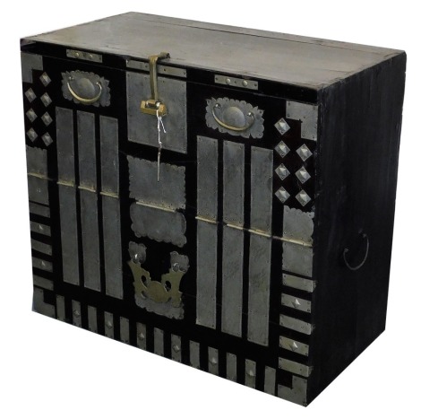 A Chinese black lacquer cabinet, with metal strap work, 82cm high, 94cm wide, 49cm deep.