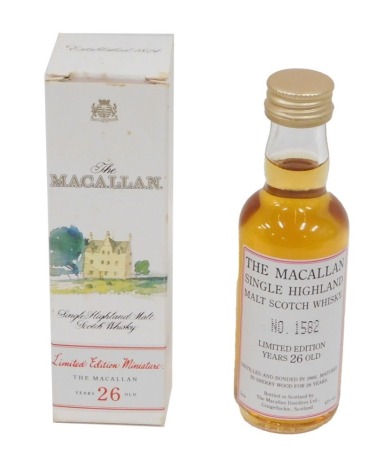 A bottle of The Macallan Single Highland Malt Scotch whisky, limited edition number 1582, 26 years old, miniature, 5cl, 43% volume, in outer box, 13cm high.