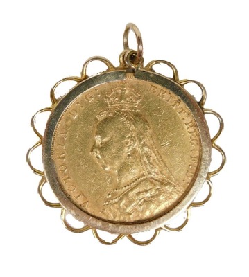 A Victorian gold full sovereign, Jubilee Head, 1887, loose pendant mount, 3cm high, 9.4g all in.