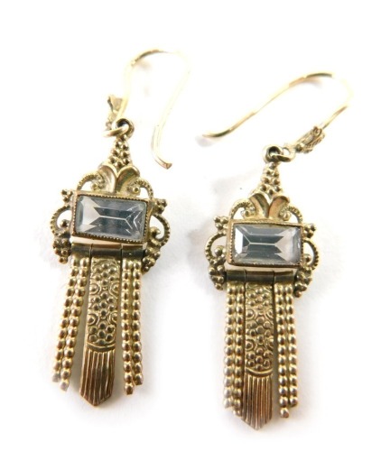 A pair of stone set pendant earrings marked 9k, of Art Deco style design, 2.6g all in.