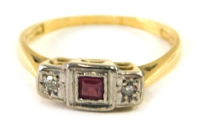 An 18ct gold ruby and diamond set Art Deco ring, size K, 2.3g all in.