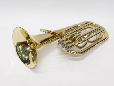 A brass tenor horn, JP73, with three valves, 58cm high, in John Packer case. - 2