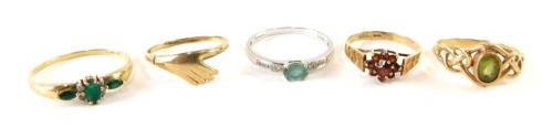 Five various stone set and other rings, marked for 9ct, 9.8g all in.