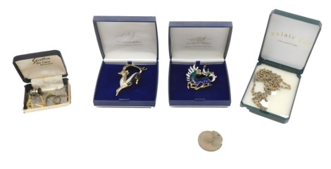 An Atwood collection brooch, springbok plain pin back 6cm high, and another, necklace and two dress rings etc. (in various cases)