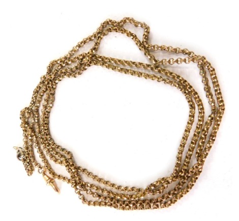 A longuard chain, 132cm long, unmarked, with one 9ct gold link.