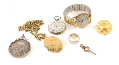 Various jewellery and effects, a Record gentleman's wristwatch, with 2cm diameter Arabic dial and subsidiary second hand, fob watch, gold plated locket on chain, etc. (a quantity)