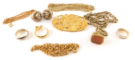 Various jewellery, a plain band marked 925, size P, inverted band, various gold plated necklaces, a plain fob seal, Art Nouveau brooch, etc. (a quantity)