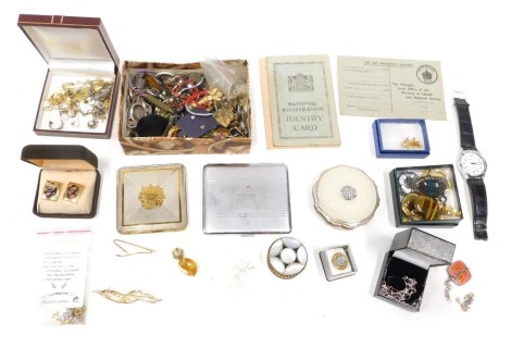 Various costume jewellery and effects, a chrome plated cigarette case, 10cm wide, Clifton cigarette case, costume jewellery, cameo brooch with clip back, various other brooches, bracelet, various other costume jewellery etc. (a quantity)