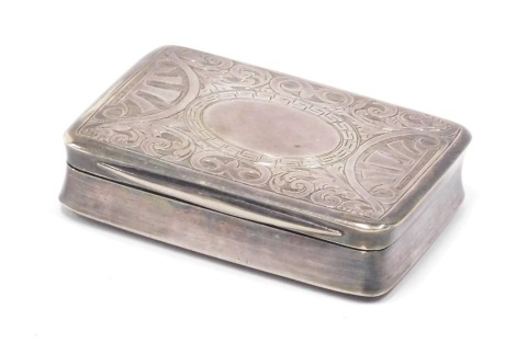 A 19thC snuff box, of rectangular form, engine turned with a plain cartouche and gilt interior, continental marks, white metal, 8cm wide.