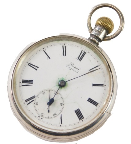 An Edward VII silver open faced pocket watch, the 5cm diameter Roman numeric dial with subsidiary Arabic second hand, marked England, with a dual movement marked Lancashire Watch Co Ltd. Prescot England, number 636101, in engine turned case Chester 1903, 