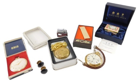 A gold plated Ingersoll open faced pocket watch, with 4cm diameter Roman numeric dial and subsidiary Arabic second hand, a modern fishing hunter pocket watch with gold plated chain, Colibri pocket lighter and another, an Oris pocket watch, Halcyon Days bo