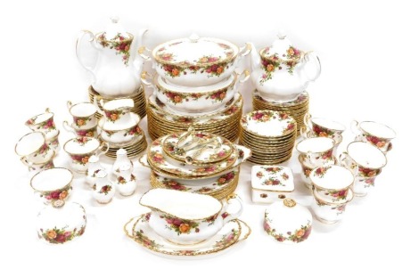 A comprehensive Royal Albert Old Country Roses dinner service, to include two lidded tureens, 12 dinner plates, coffee pot, 27cm high, cups, saucers, side plates, gravy boat on stand, tea pot etc. printed marks beneath (a quantity)