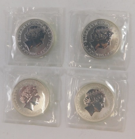 Four Britannia 1oz fine silver two pound coins, 1999, 4oz.