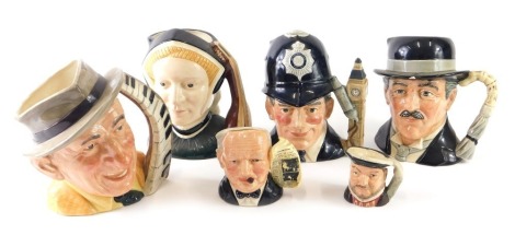 A Royal Doulton character jug Jimmy Durante, large, printed marks beneath, various other character jugs, City Gent, small Winston Churchill 9cm high etc. (a quantity, some seconds, AF)