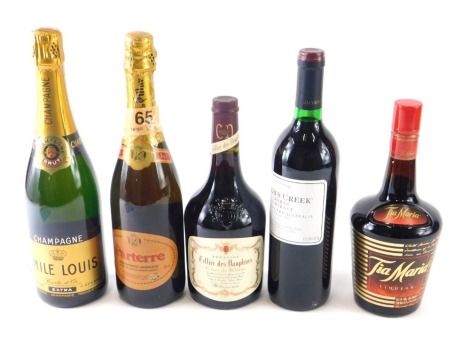 Various alcohol, a bottle of Amile Louis Champagne, Tia Maria, Partarre, Jacobs Creek, Prestidge Celliier des Dauphins Cotes du Rhone 75cl. (5)