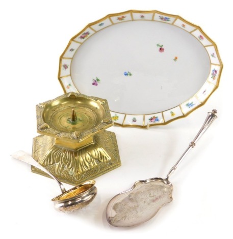 A brass pricket stand, on hexagonal base, decorated with flowers, 14cm wide, a cake slice, sifter spoon, Copenhagen style dish decorated with flowers, part service, etc. (a quantity)