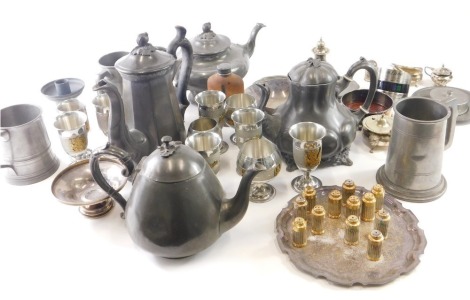 Various pewter, metalware, etc., mug, silver plated coaster, 12cm diameter. (a quantity)