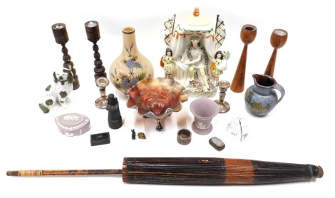 Various pottery, treen and effects, Wedgwood pink Jasperware, an early 20thC glass jug painted with flowers, Staffordshire figure groups, wooden candlesticks, etc. (a quantity)