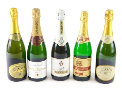 Various alcohol, a bottle of Cont de Senneval brut champagne, Asti Martini, Cava, etc. (5)