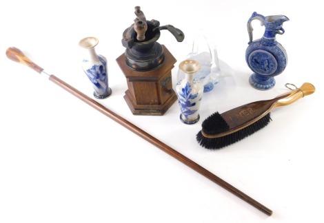 AN LNER brush, various pottery, glassware and effects, a pair of Doulton blue floral pattern vases, coffee grinder, 29cm high, glass basket, etc. (a quantity)