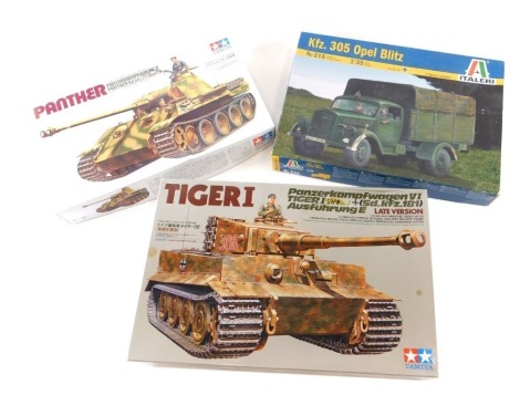 Various Tamiya and other 1/35 miniature series model kits, comprising Panther Tank, another Tiger I, and an Italeri KFZ .305 Opal Blitz Jeep, the box 35cm wide. (3, boxed)