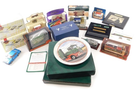 Various diecast vehicles, Corgi Royal Mail van, 5cm high, Models of Yesteryear, Corgi tramway, and other boxed diecast, unboxed train, Eddie Stobart Collection decorative plates, etc. (a quantity)