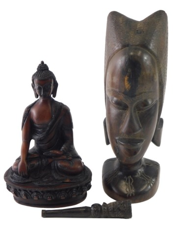 An African carving tribal head, 31cm high, figure of a God, etc. (3)