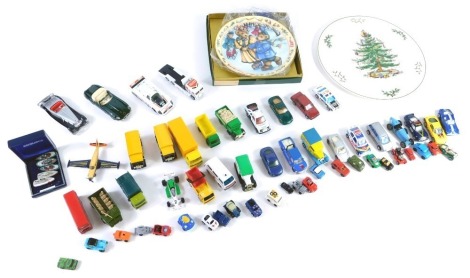 Various diecast vehicles, unboxed and play worn, bus, 4cm high, Matchbox, etc., Spode plate, Crown Staffordshire plate, etc. (a quantity)