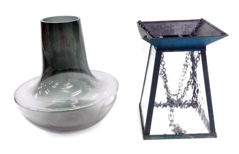 A grey glass vase, 36cm high, and a crackle glaze hanging lantern with metal frame. (2)