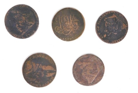 Five various Irish threepenny tokens. (5)