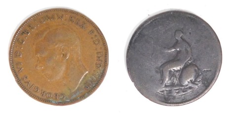 A George III 1799 double sided half penny, and a George VI double headed penny. (2)