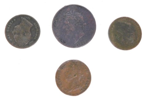 A George IV farthing 1825, an 1826 halfpenny, a William IV 1835 farthing, and another 1837.