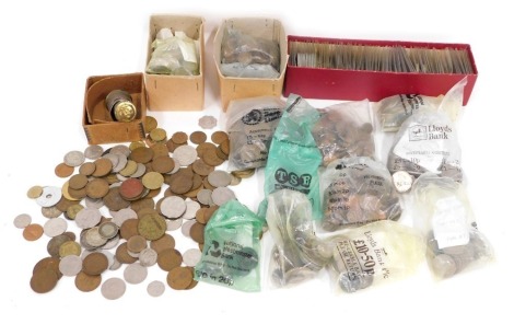 Various brass threepenny bits, other coins, world used, Swiss and others, a quantity of decimal and pre decimal GB used five pences, other low denomination, etc. (a quantity)